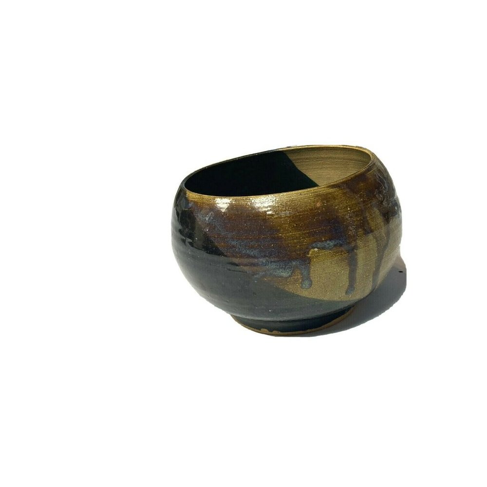 Vintage Artist Signed Pottery Bowl Drip Glaze Brown Black Green Linda 4 Ceramics